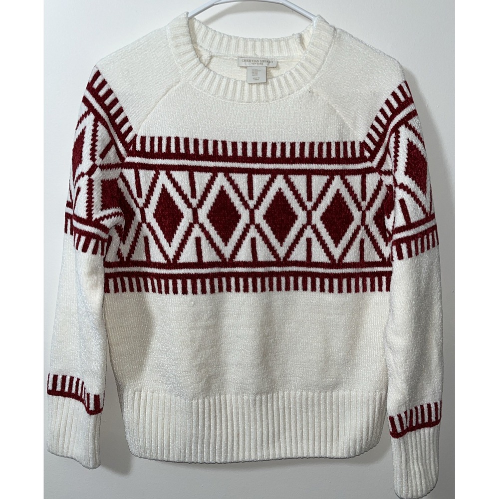 Christian Siriano Sweater XS‎ Cream Red Diamond Crewneck Ski Snowboard Cozy